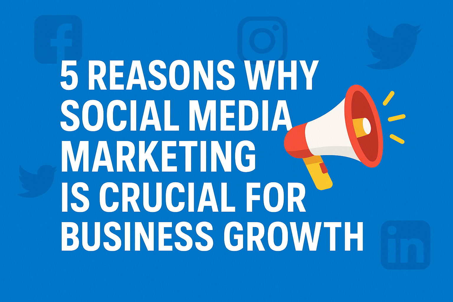 A vibrant blue thumbnail featuring the text '5 Reasons Why Social Media Marketing is Crucial for Business Growth' in bold white font. The design includes social media icons for Facebook, Instagram, Twitter, and LinkedIn in the background. A colorful megaphone graphic is placed on the right side, adding visual emphasis to the message