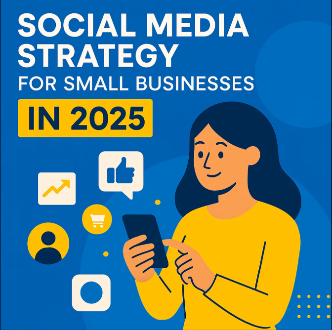 Illustration of a woman using a smartphone surrounded by social media icons, with the text ‘Social Media Strategy for Small Businesses in 2025’ displayed above