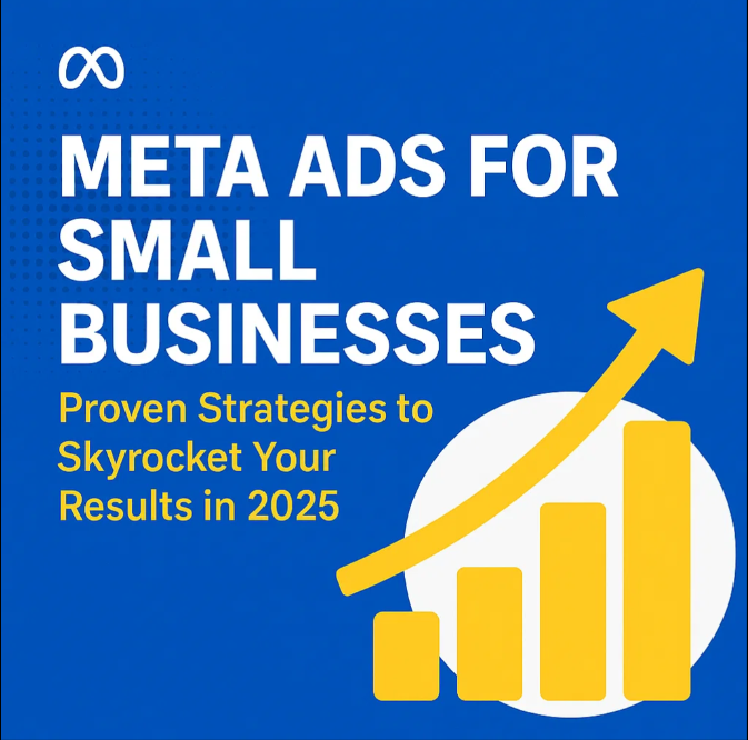 Promotional graphic with a blue background featuring the Meta logo and bold white text reading "Meta Ads for Small Businesses." Below, yellow text states "Proven Strategies to Skyrocket Your Results in 2025." On the right, a yellow upward arrow overlays a bar graph, symbolizing business growth